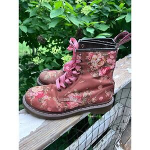 Dr. Doc Martens Floral Boots Sz 8 Brown Red Pink Canvas Docs Combat Moto